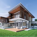 Modern Detached Villa Exterior With Glass Facade Wooden Deck And Green Lawn