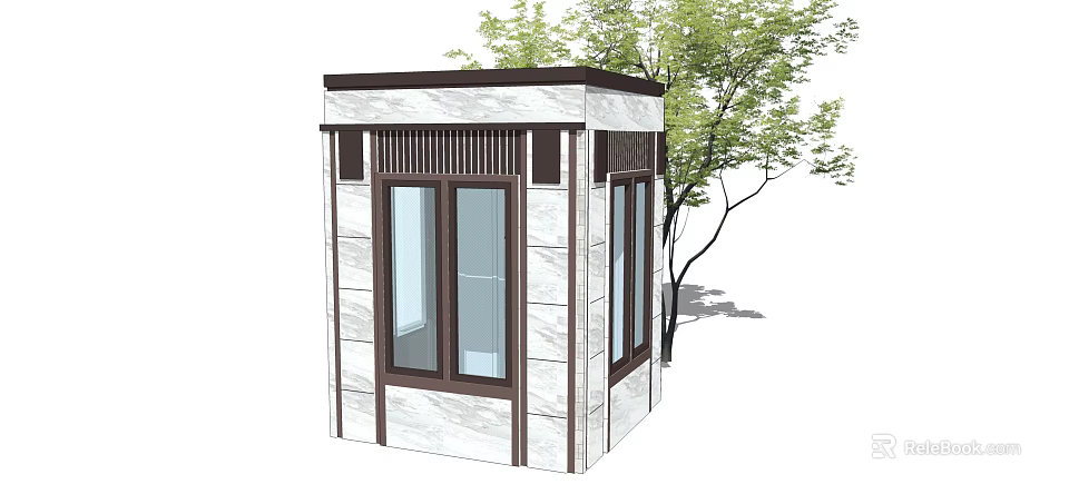 Modern Security Guard Booth With Stone Exterior And Glass Windows Beside Tree 3d model 