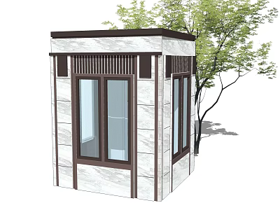 Modern Security Guard Booth With Stone Exterior And Glass Windows Beside Tree 3d model