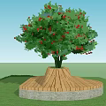 Wooden Circular Outdoor Chair with Stone Base and Green Tree Red Fruits in Grass Field