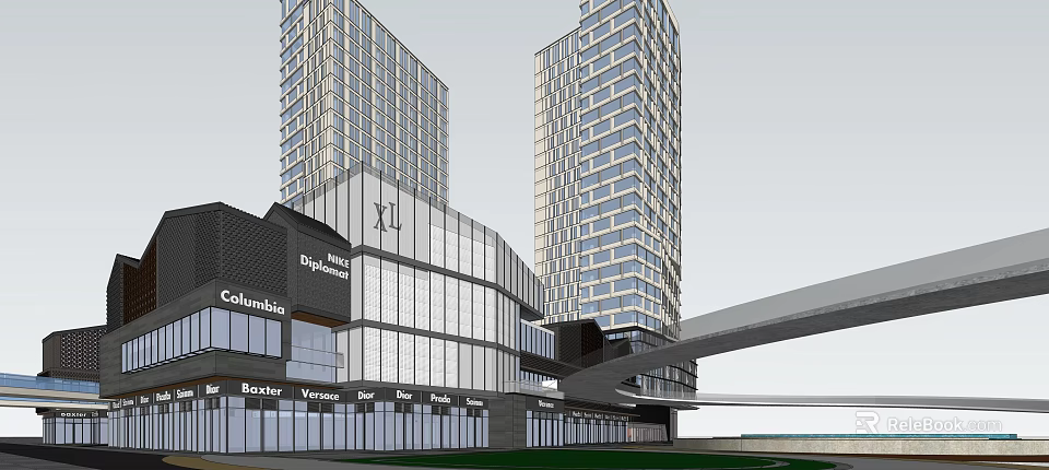 Modern Commercial Street Architectural Design With Glass Facade Tall Buildings And Retail Stores 3d model 