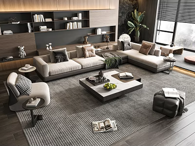 Modern Sofa Coffee Table Set In Living Room With Pillows Bookshelf And Green Plant 3d model