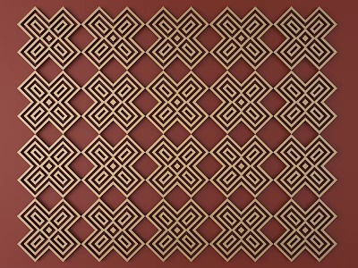 Intricate Traditional Geometric Carving Panel With Red Background And Gold Patterns 3d model