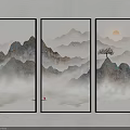 Chinese Ink Style Three Panel Landscape Painting with Misty Mountains Sun and Lone Tree