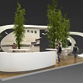 Modern Exhibition Booth With Bamboo Plants White Structure Round Counters And Wooden Flooring