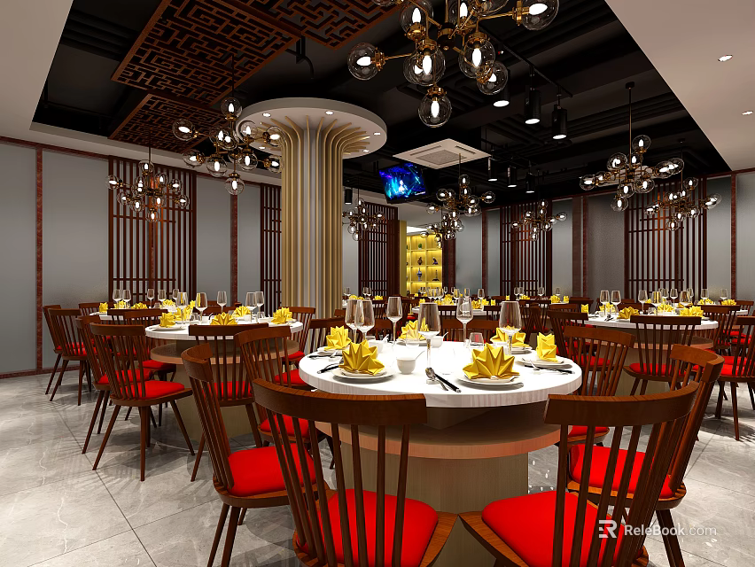 Chinese Style Restaurant Interior With Round Tables Red Chairs Chandeliers Columns And Decorative Ceiling 3d model 