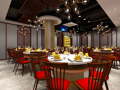 Chinese Style Restaurant Interior With Round Tables Red Chairs Chandeliers Columns And Decorative Ceiling 3d model