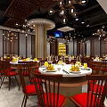 Chinese Style Restaurant Interior With Round Tables Red Chairs Chandeliers Columns And Decorative Ceiling