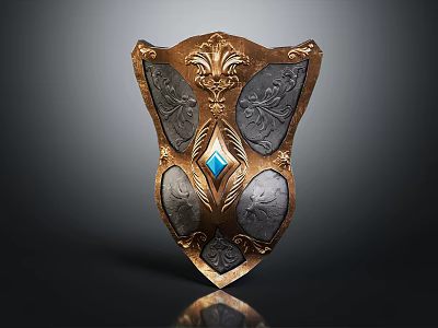Ornate Vintage Shield With Golden Frame Intricate Carvings And Central Blue Gemstone 3d model