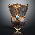 Ornate Vintage Shield With Golden Frame Intricate Carvings And Central Blue Gemstone