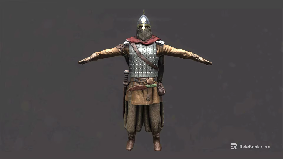 Game and Movie Medieval Warrior Character With Metallic Armor Helmet Red Cape and Robe 3d model 