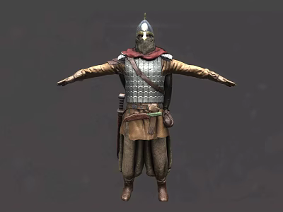 Game and Movie Medieval Warrior Character With Metallic Armor Helmet Red Cape and Robe 3d model