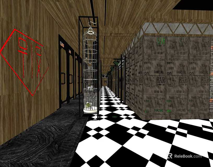 Modern KTV Corridor Interior Design With Black White Checkered Floor And Wooden Walls 3d model 
