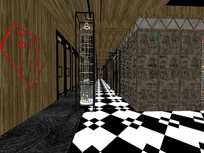 Modern KTV Corridor Interior Design With Black White Checkered Floor And Wooden Walls 3d model