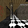 Modern KTV Corridor Interior Design With Black White Checkered Floor And Wooden Walls