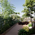 Serene Courtyard Garden With Wooden Deck Stone Wall Red Tree And Outdoor Dining Setup