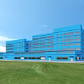 Blue Multi Story Industrial Factory Building With Grey Roof Green Grass And Road