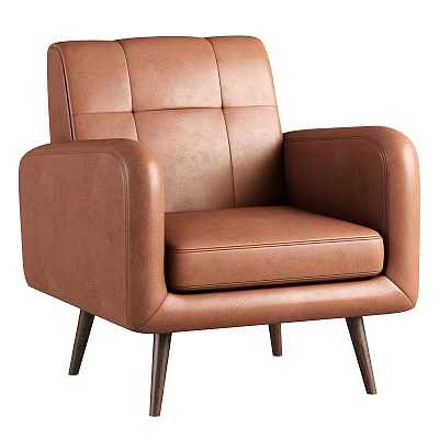 Brown Leather Single Sofa With Modern Design Armrests And Wooden Legs 3d model