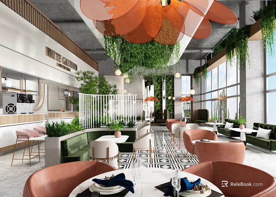 Stylish Restaurant Interior With Hanging Plants Flower Shaped Pendant Lights And Cozy Dining Chairs 3d model 