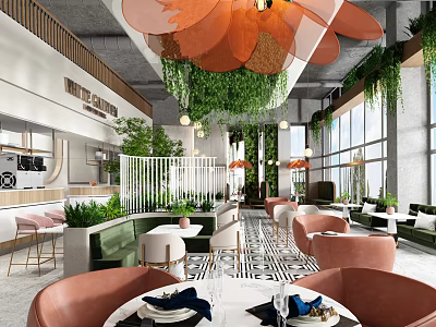 Stylish Restaurant Interior With Hanging Plants Flower Shaped Pendant Lights And Cozy Dining Chairs 3d model