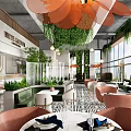 Stylish Restaurant Interior With Hanging Plants Flower Shaped Pendant Lights And Cozy Dining Chairs