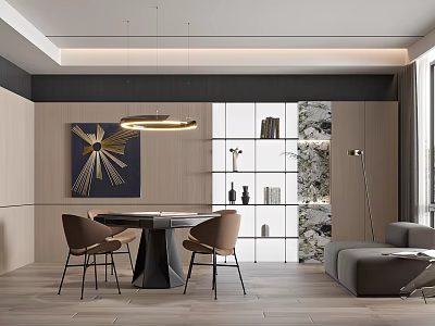 Modern Hotel Mahjong Room Interior With Wooden Table Chairs Hanging Lamp Decorative Painting And Bookshelves 3d model