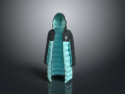Long Hooded Puffer Jacket with Teal and Black Design Front Logo Detail 3d model