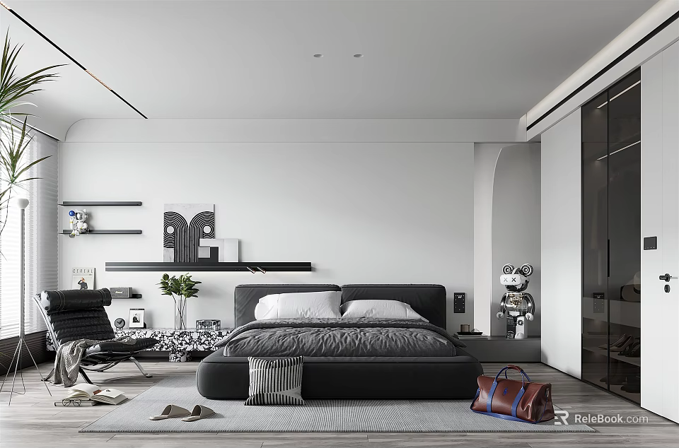 Modern Minimalist Bedroom Interior With Black Bed White Walls And Glass Wardrobe 3d model 