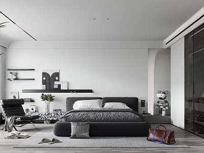 Modern Minimalist Bedroom Interior With Black Bed White Walls And Glass Wardrobe 3d model