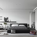 Modern Minimalist Bedroom Interior With Black Bed White Walls And Glass Wardrobe