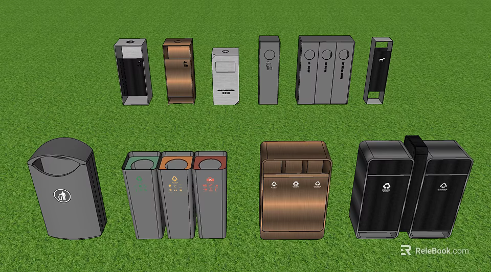 Public Facilities Featuring Various Trash Bins With Different Designs And Colors 3d model 