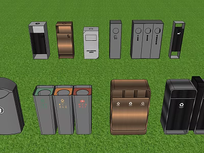 Public Facilities Featuring Various Trash Bins With Different Designs And Colors 3d model