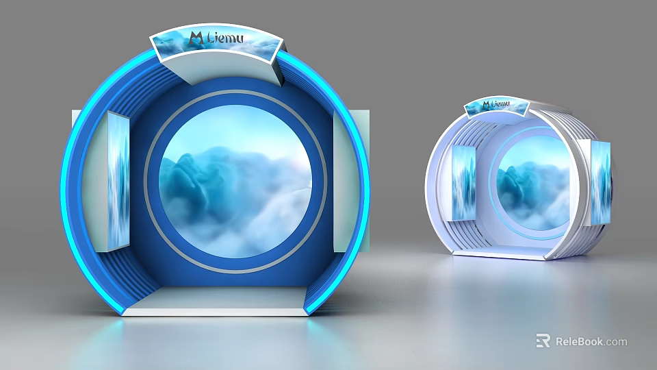Modern Circular Display Shelves With Blue White Design And Mountain Cloud Background 3d model