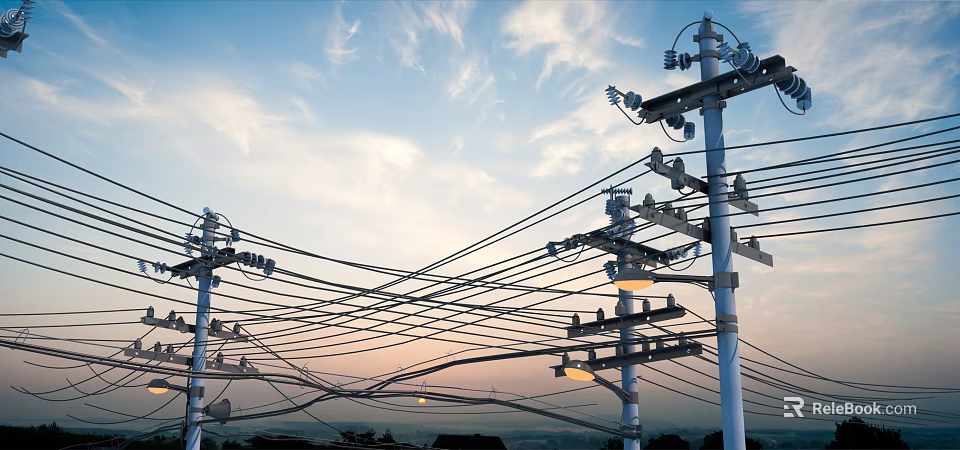 Road Infrastructure With Utility Poles And Power Lines Under Sunset Sky 3d model 
