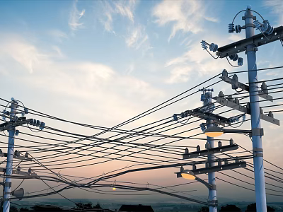 Road Infrastructure With Utility Poles And Power Lines Under Sunset Sky 3d model