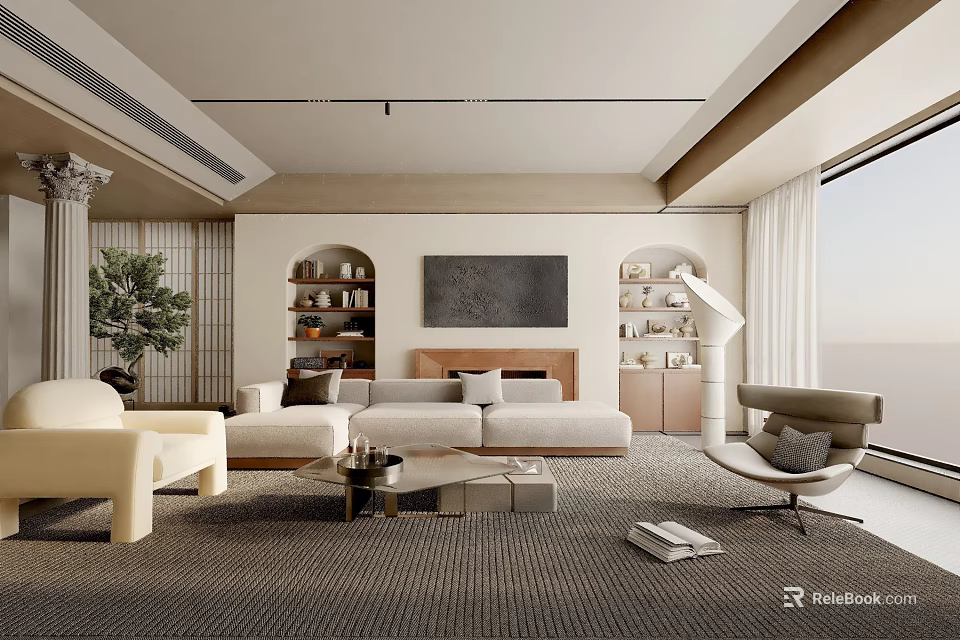 Modern Living Room Interior Design With Beige Sofa Coffee Table And Large Windows 3d model 