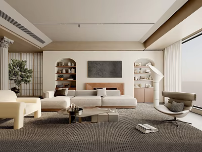 Modern Living Room Interior Design With Beige Sofa Coffee Table And Large Windows 3d model