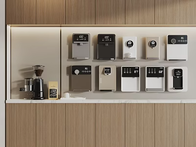 Household Appliances In Various Colors On Marble Countertop With Wooden Wall 3d model