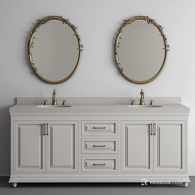Elegant Bathroom Vanity With Double Oval Gold Framed Mirrors Dual Faucets White Cabinets Drawers 3d model 