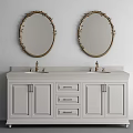 Elegant Bathroom Vanity With Double Oval Gold Framed Mirrors Dual Faucets White Cabinets Drawers