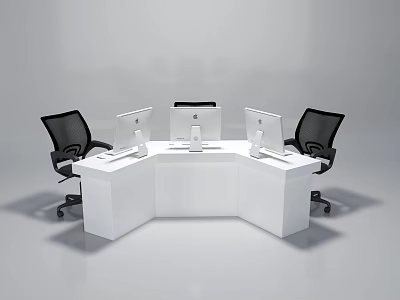 Modern White L Shaped Office Desk With Three Computer Monitors And Black Chairs 3d model