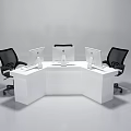 Modern White L Shaped Office Desk With Three Computer Monitors And Black Chairs