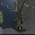 Indoor Garden Decor With Blue Wall Hanging Lantern Tree Branch Bird Decorations And Green Plants