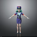 Anime Style Cartoon Character With Green Hair Blue Uniform Hat And Badge