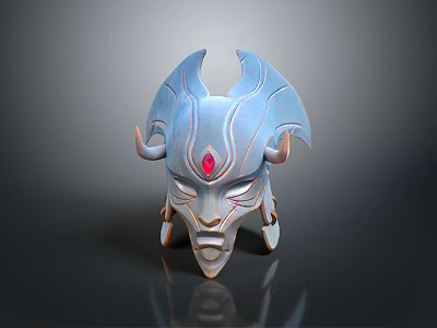 Blue Mythical Animal Mask With Intricate Horns And Red Gemstone Detail 3d model