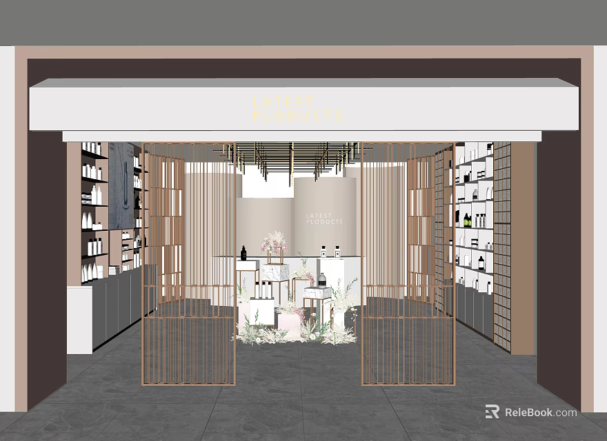 Modern Boutique Store Interior With Display Shelves Counter And Decorative Plants 3d model 
