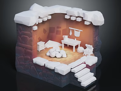 Modern 3D Stone Interior Scene With Steps Table And Decorative Elements 3d model