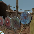 Traditional Wooden Ship With Dragon Head Decoration Colorful Shields Oars And Mast