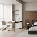 Modern Minimalist Bedroom Interior With Wooden Headboard White Quilt Desk Lamp And Rug