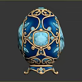 Ornate Turquoise Blue Decorative Egg With Intricate Golden Patterns And Gemstone Base